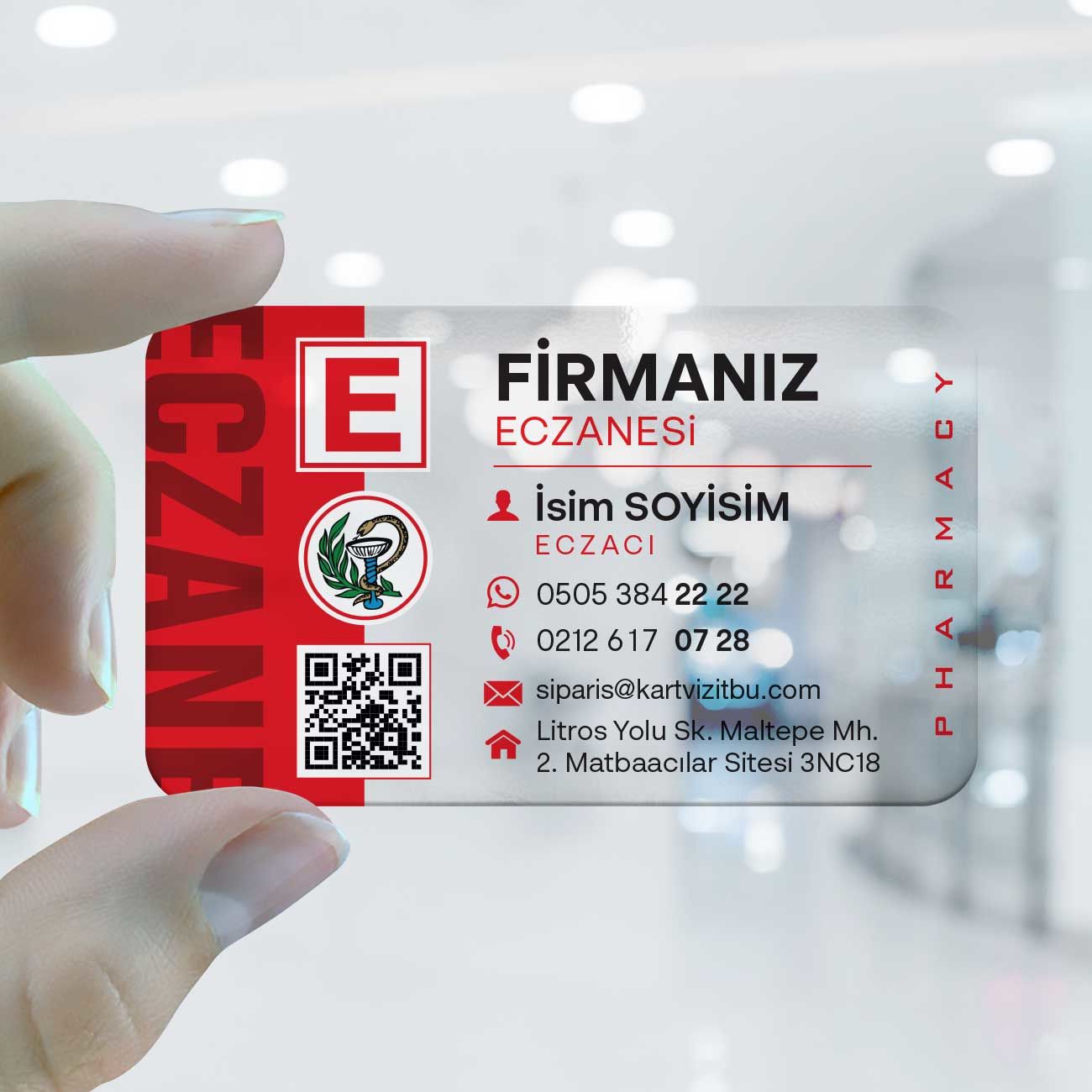 Eczane Şeffaf Kartvizit 0004 Tek Yön, Rekli Baskı - 500 Mikron Buzlu PVC - Tek Yüz Kabartma Laklı - 500 Adet