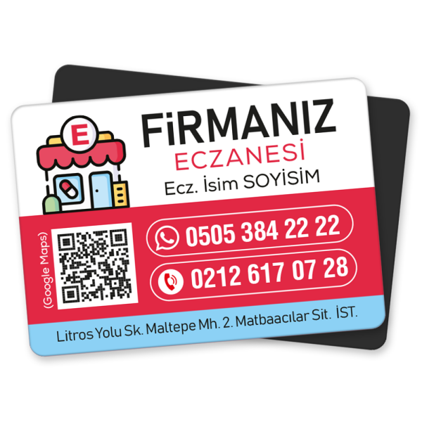 Google Maps QR Kodlu Eczane Magneti - Kırmızı Mavi Modern Tasarım