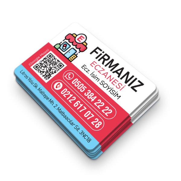 Google Maps QR Kodlu Eczane Magneti - Kırmızı Mavi Modern Tasarım