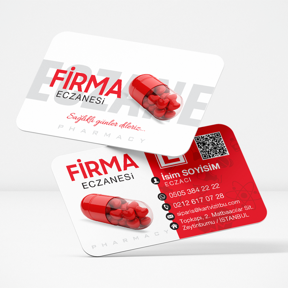 3D Kalpli Kapsül Temalı Eczane Kartviziti - Modern Kırmızı Beyaz Tasarım